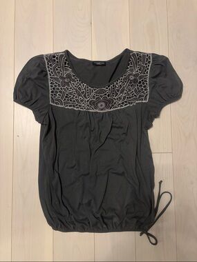 Vintage Dark Gray Scoop Neck Top with Embroidered Yoke